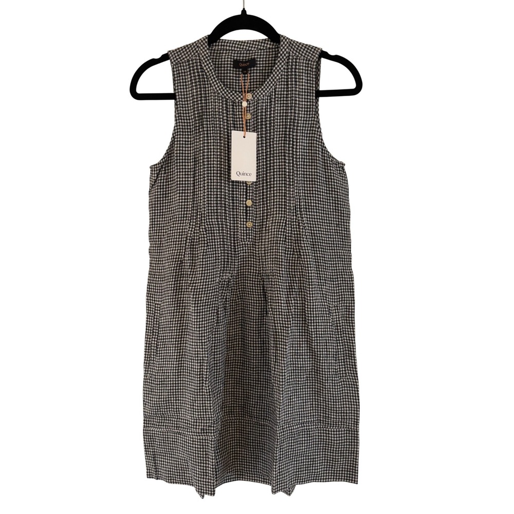 NWT Quince 100% Linen Sleeveless Pintuck Gingham Check Dress Black White XS
